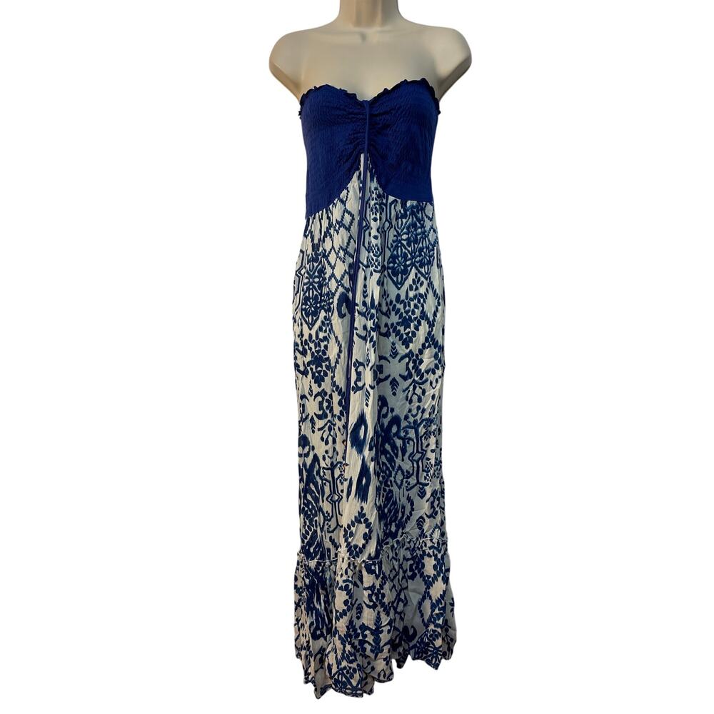 Raviya Elastic Band Tube Top Blue White Maxi Dress with Halter Tie Small